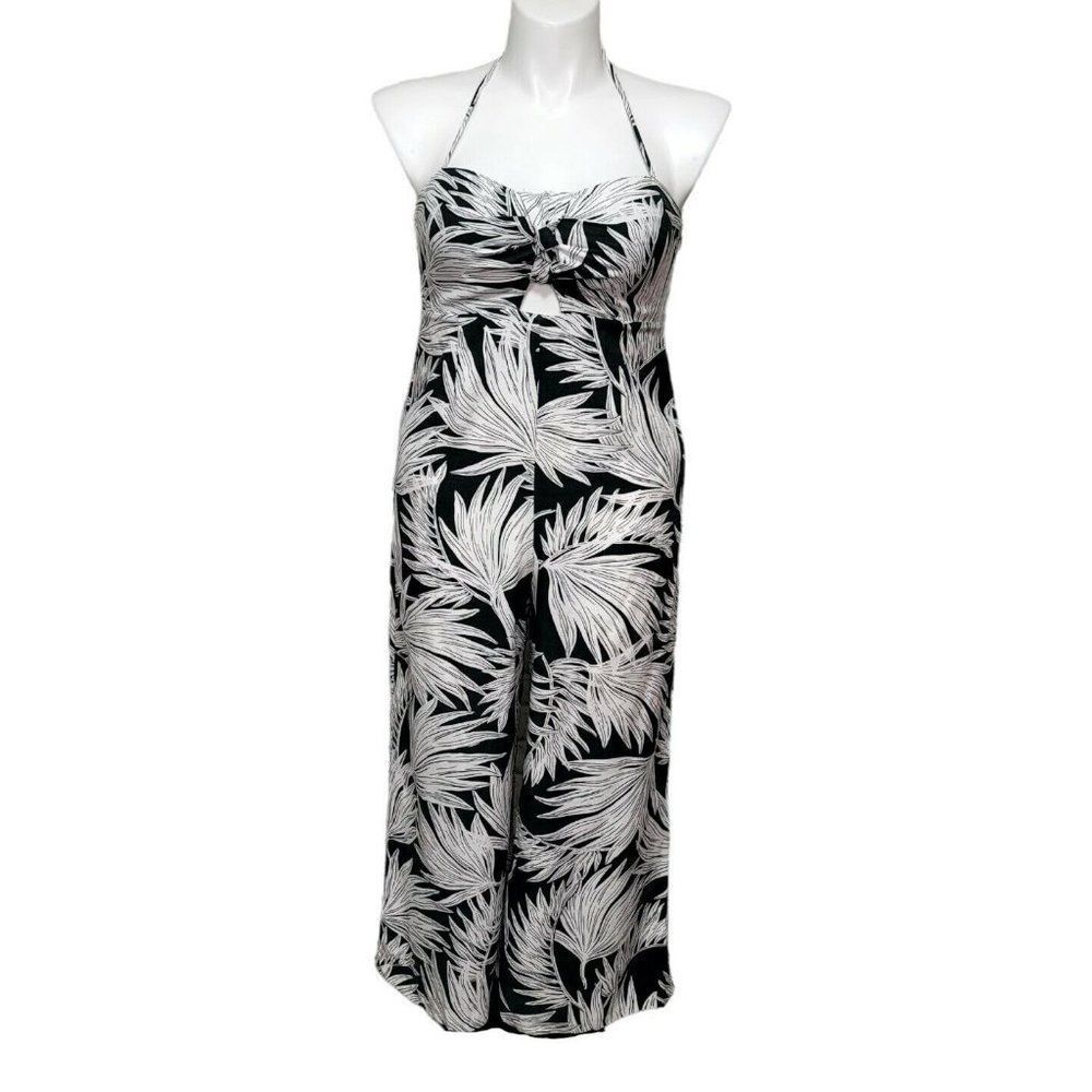 1.STATE Womens 8 Green Tropical Foliage Halter Smocked‎ Back Jumpsuit Wide Leg